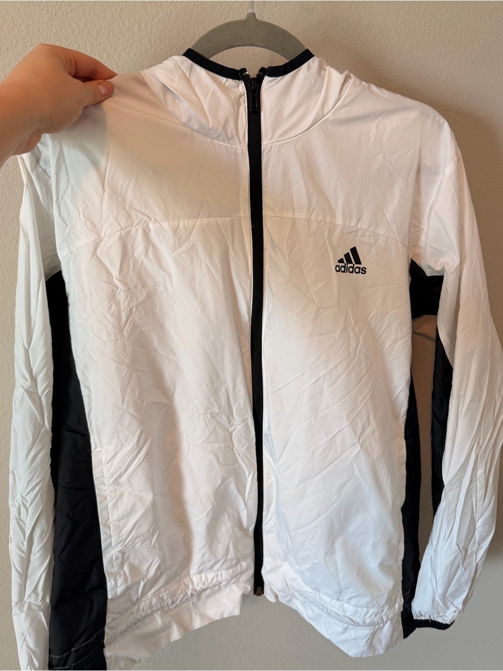 adidas White and Black Hooded Zip Windbreaker